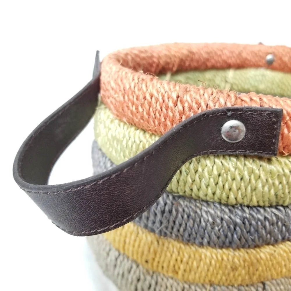 Unique Beautiful Earth Tone Multicolored Wooven Jute Basket with Leather Handles